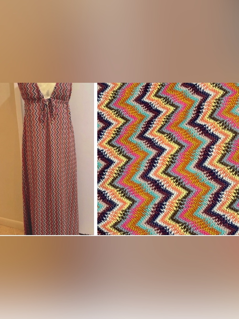 Karina Grimaldi Chevron Halter Knit Deep V Backless Lined Long Dress XS NWT